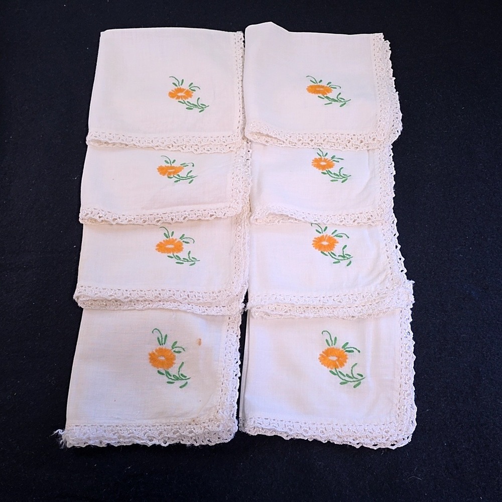 Handmade Cloth Napkins Embroidered White Orange Floral Crochet Lace Vintage 8pc